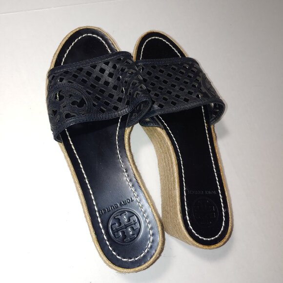 Tory Burch Black Perforated Slide Leather Espadrille Wedge Sandals Size 8 - Picture 5 of 10